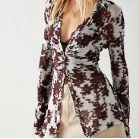 Free People Lucky Shirtee Blue Brown Floral xs - Picture 1 of 5